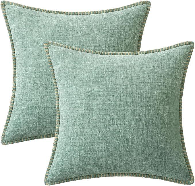 MIULEE Pack of 2 Couch Throw Pillow Covers 20x20 Inch Greyish Green Farmhouse Decorative Pillow Covers with Stitched Edge Soft Chenille Solid Dyed Spring Pillow Covers for Sofa Bed Living Room