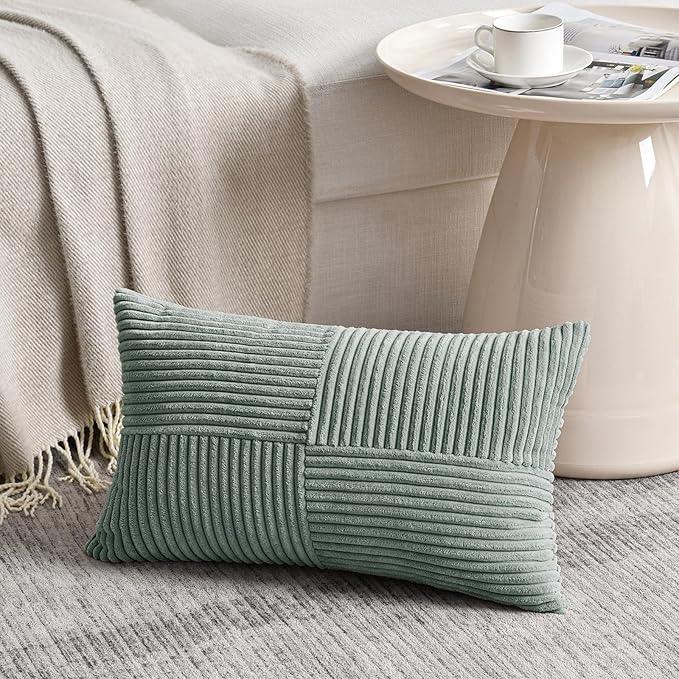 Fancy Homi 2 Packs Grey Blue Lumbar Decorative Throw Pillow Covers 20x28 Inch for Living Room Couch Bed, Rustic Farmhouse Boho Home Decor, Soft Striped Corduroy Rectangle Accent Cushion Case 50x70 cm