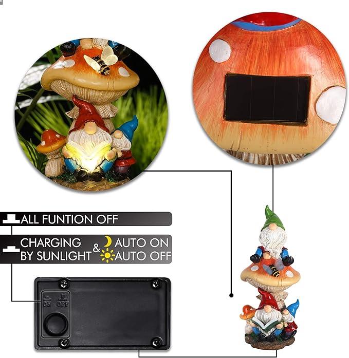 TERESA'S COLLECTIONS Garden Gnomes Statues Decorations for Yard with Solar Lights, Resin Sculptures& Statues on Mushroom Reading Garden Outdoor for Patio Lawn Ornaments,Ideal Gifts for Mom, 12.6