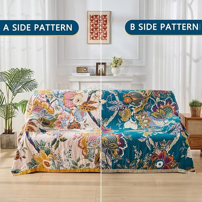 Ultra Soft Lightweight Cotton Quilts,Cozy Summer Boho Throw Blankets,Lightweight Reversible Muslin Blanket Decor Blankets for Armchair Travel, 80