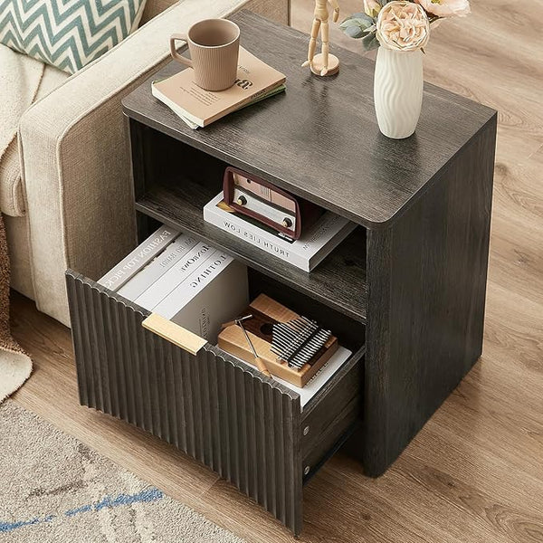 Fluted Nightstand, Dark Grey Bedside Table with Drawer and Storage, Wood End Table Mid Century Modern, Large Night Stand for Bedroom