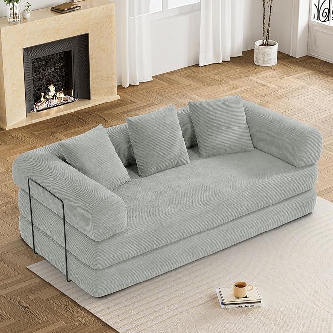 Convertible Sleeper Sofa Bed with Pillow, 4-in-1 Corduroy Folding Mattress Couch with Fixed-Shape Frame, Futon Fold Out Floor Sofa Cama Lounge Couch for Living Room Bedroom, Light Grey