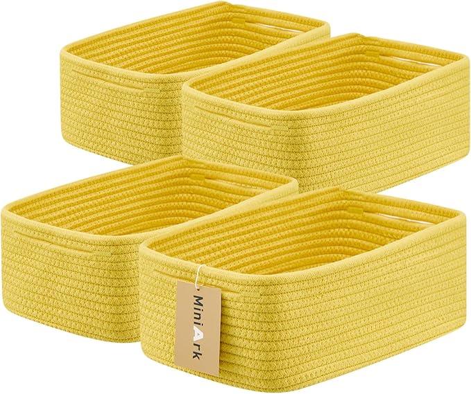 Small Storage Baskets for Organizing | Closet Organizer Bins | Shelf Toy Basket | Woven Rope Baskets | Cube Decorative Box | Shallow Basket | 13x8.5x5.1” | 4 Packs Yellow