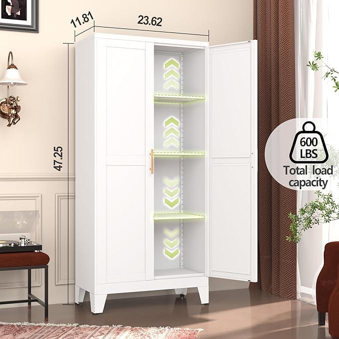 Metal Pantry Cabinet, Kitchen Pantry Storage Cabinets with 2 Door and 3 Adjustable Shelves, White Kitchen Pantry Cabinet, Freestanding Cupboard for Dining Room Living Room Bathroom