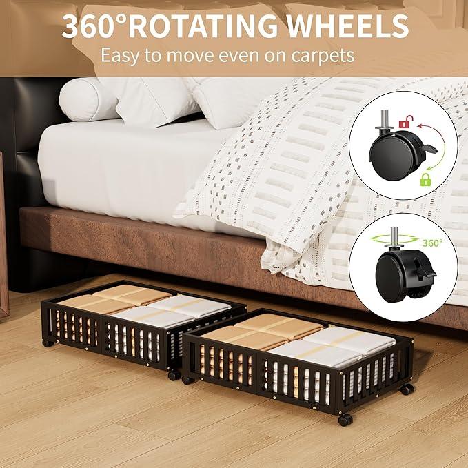 Bamboo Under Bed Storage with Wheels (2-Pack) – Rolling Underbed Shoe Organizer Box for Shoes, Blankets, Toys, Clothes Container Space-Saving Organizer Bins for Bedroom, Closet, Dorm, Nursery