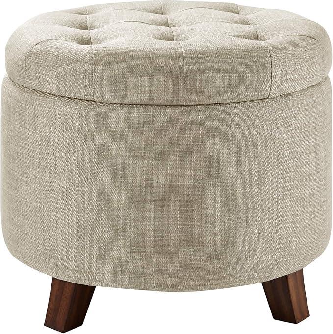 Amazon Basics Round Linen Ottoman with Storage, Tufted Upholstered Footstool for Living Room and Bedroom, 20