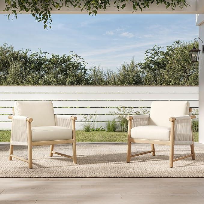 CHITA Boho Patio Rattan Chair Set of 2, Outdoor Wicker Chair with 7.1″ Thickened Cushions Acacia Wood Frame(Cream)