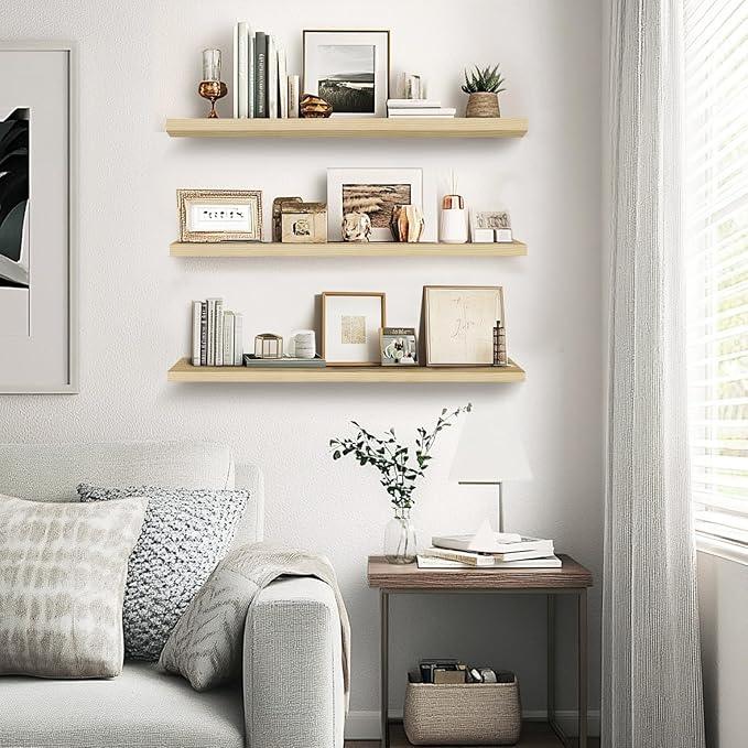 Floating Wall Shelves 3-Pack - 24-Inch Rustic Wooden Shelves for Storage and Décor, Easy Installation for Living Room, Bedroom, and Kitchen