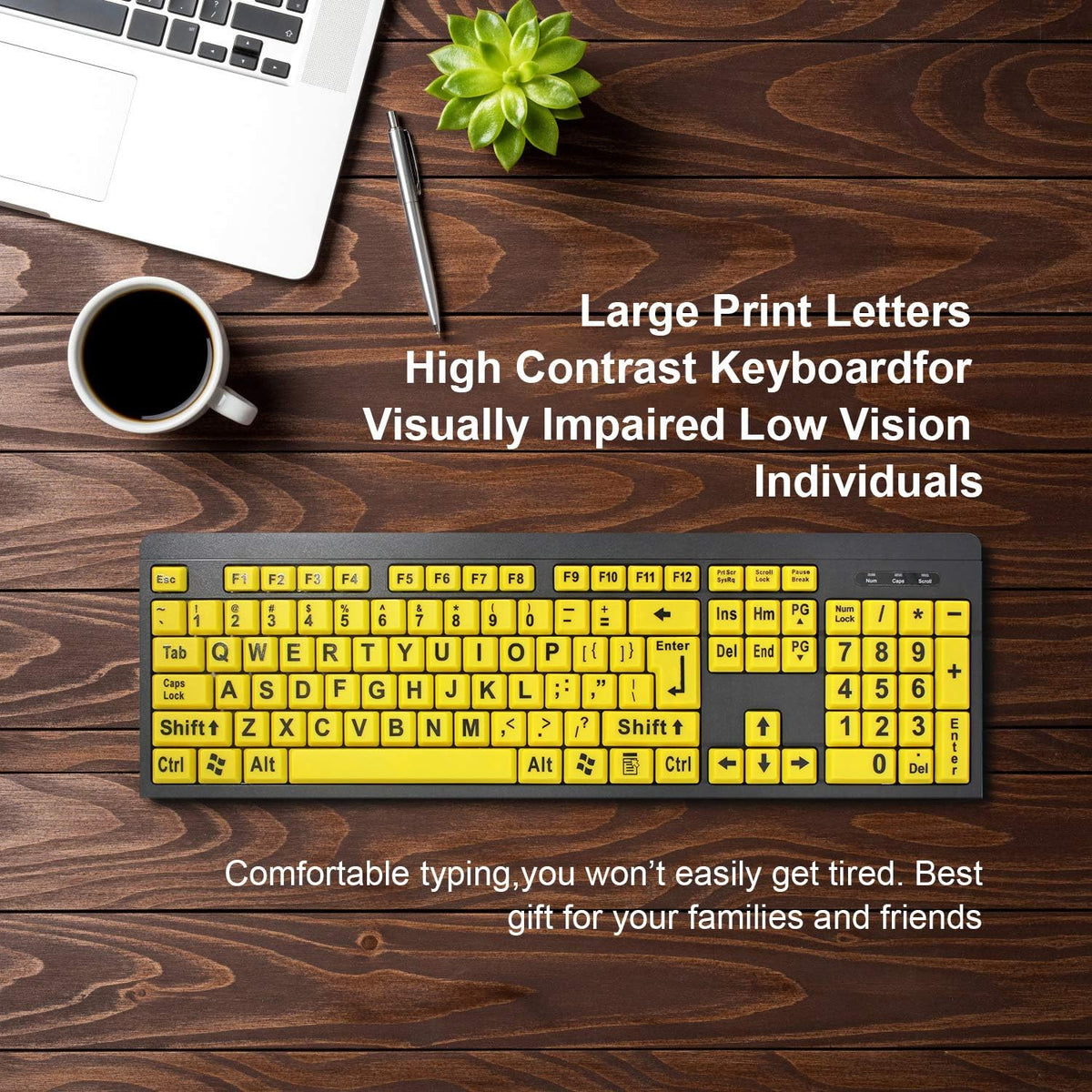 Large Print Keyboard for Seniors with High Contrast Yellow Keys, Wired USB, Low Vision