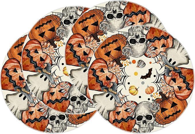 XCHI Spooky Skeleton Ghost Pumpkin Halloween Round Placemats Set of 4 Table Mats for Party Home Kitchen Dining Table Decorations 14x14 Inch