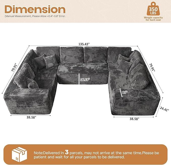 Cloud Sectional Couches for Living Room,U Shaped Modular Sofas No Assembly,135x79 Inches Plush Corduroy Oversized Floor Couch Set with Deep Seat Chaise,Grey