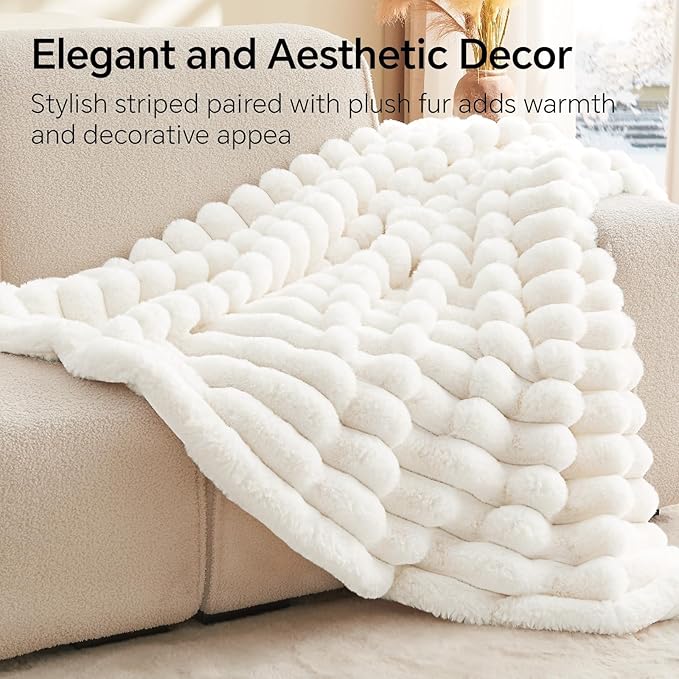 BEDELITE Faux Fur Throw Blanket for Couch, Soft and Cozy Luxurious 3D Striped Fluffy Blanket, 770GSM Thick Warm Plush Fuzzy Faux Rabbit Fur Blanket for Women Gift (Cream, 60