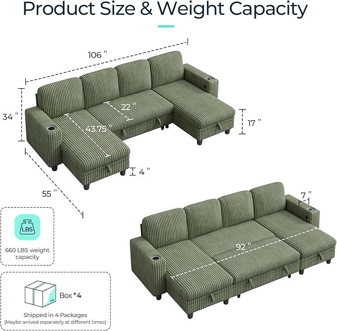 LINSY HOME Sectional Sleeper Sofa with Pull Out Couch Bed - Convertible Plush Corduroy Cloud Couch with Storage Chaise & USB Charging, Comfy U Shaped Modular Couches for Living Room, Green