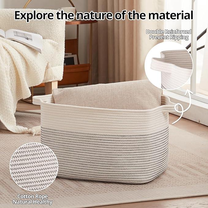 OIAHOMY 65L Blanket Basket, Cotton Rope Woven Blanket storage for Living Room, Rectangle Woven Baskets for Storage, 20''×16''×12'', Black and White