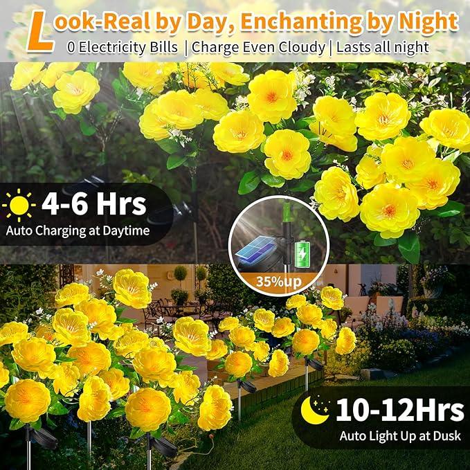 Neporal Solar Flowers Outdoor Waterproof, 4PK 7-Stem Yellow Camellia with 2 Lighting Modes & Romantic Warm Light, Solar Lights Outdoor Decorative for Garden, Yard, Pathway, Gardening Gifts for Women