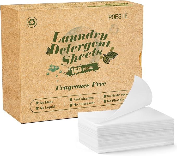 Poesie Laundry Detergent Sheets Fragrance Free Non-Plastic Precut Zero Waste 160 Count Liquidless Washing Strips for Home Dorm Travel Camping Hiking Portable