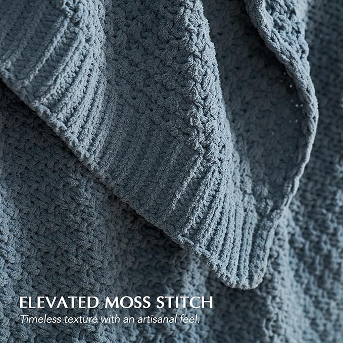 Chunky Chenille Knit Throw Blanket for Couch, Soft Luxurious Moss Stitch Blankets for Bed, Cozy Decorative Farmhouse Knitted Throws for Sofa, Stormy Blue, 60