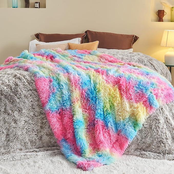 GONAAP Fuzzy Faux Fur Throw Blanket Dark Rainbow Super Soft Cozy Plush Fuzzy Shaggy Blanket for Couch Sofa Bed (Dark Rainbow, Throw(50