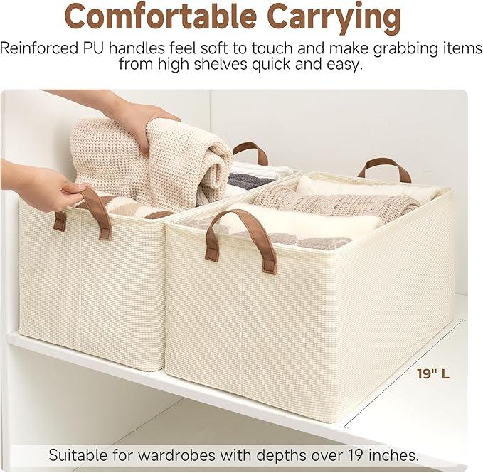 StorageWorks Storage Bins, Shelves Baskets for Organizing, 45L Extra Large Fabric Closet Organizers with Handles, Metal Frame, Beige（Texture）, 2-Pack