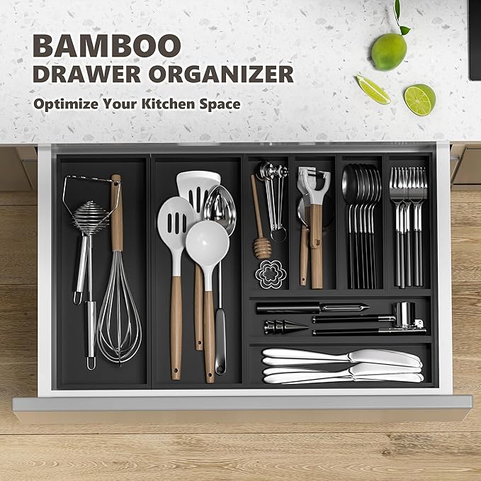 Kitchen Drawer Organizer Bins, Black Bamboo Drawer Organizer Stackable for Silverware, Utensils, Cutlery, Flatware, Junk Drawer, Dresser, Bathroom, 9