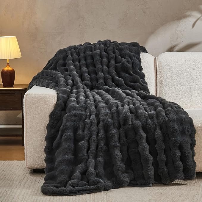 Lotus Karen Faux Fur Throw Blanket Dark Gray - Big Bubble Rabbit Fluff Blanket for Couch, Small Fluffy Fuzzy Cozy Blanket, Thick Furry Plush Shaggy Blankets, 50x60 Inches