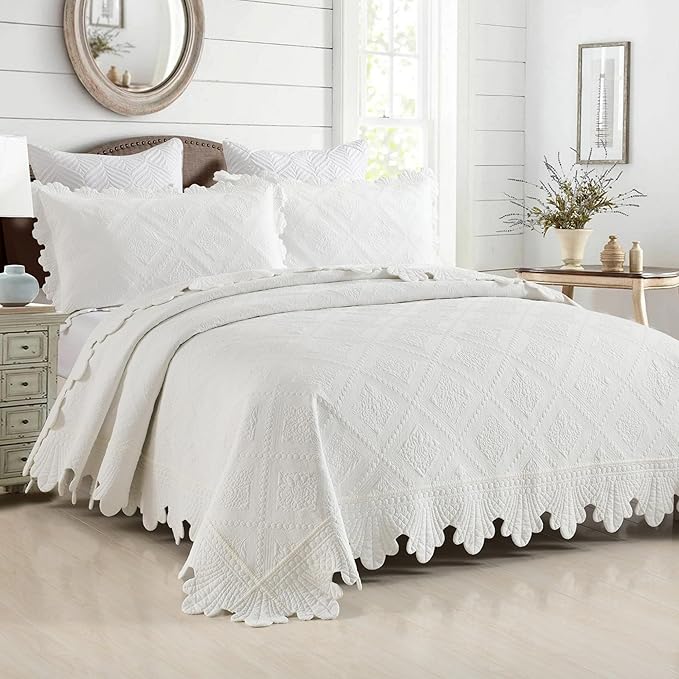 MarCielo 3-Piece 100% Cotton Oversized Bedspread Lightweight Quilt Coverlet Embroidery Farmhouse Bedding Set (TK White, Oversized Queen (100