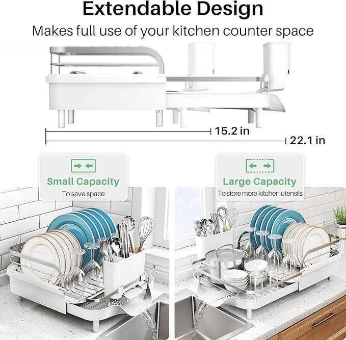 Dish Drying Rack, Expandable Dish Rack for Kitchen Counter, Stainless Steel Dish Drainer with Drainboard Set and Utensil Holder (White)