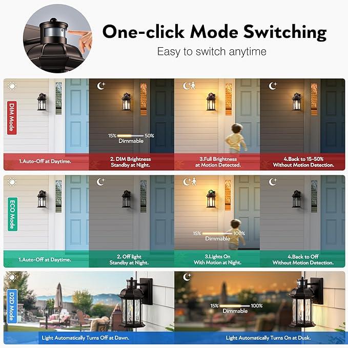 VIANIS Outdoor Light Fixture with Motion Sensor, 2 Packs Oil Rubbed Bronze Dusk to Dawn Exterior Garage Wall Sconce Lighting, 100% Aluminum Outside Porch Lights for House with Tempered Ripple Glass