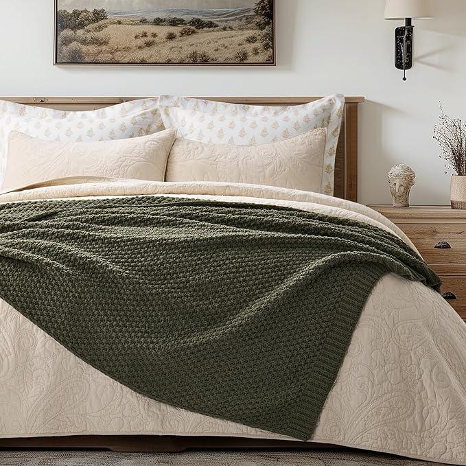 Chunky Chenille Knit Throw Blanket for Couch, Soft Luxurious Moss Stitch Blankets for Bed, Cozy Decorative Farmhouse Knitted Throws for Sofa, Olive Green, 60