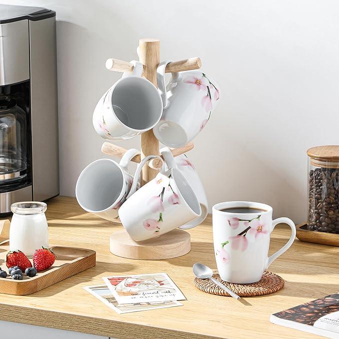 VEWEET Coffee Mugs Set of 6, 11 OZ Coffee Cups Set with Handle, Floral Mug Sets Ceramic Cup Set for Kitchen, Microwave & Dishwasher Safe, Series ANNIE