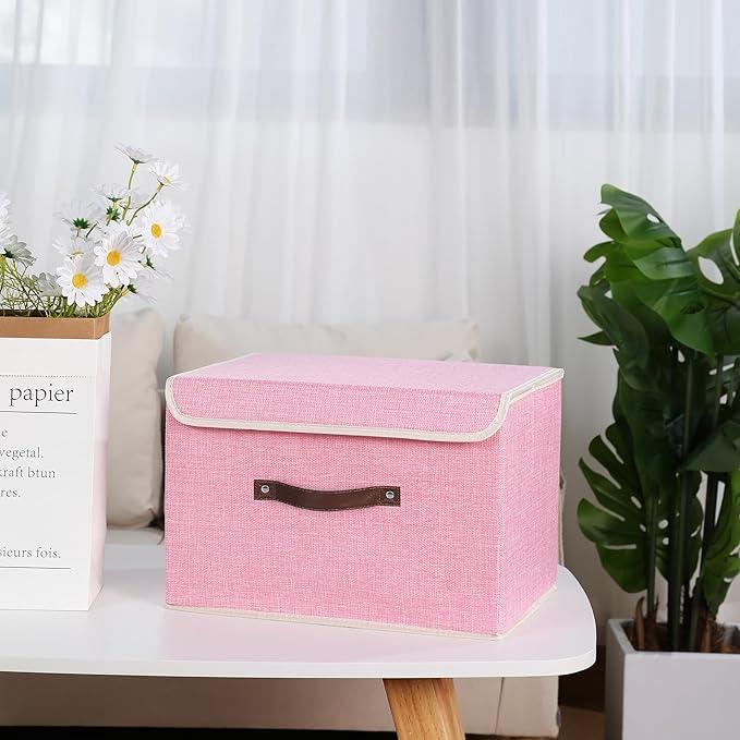 ANMINY 4PCS Storage Bins with Lid PU Leather Handles Storage Boxes PP Plastic Board Decorative Foldable Lidded Cotton Linen Fabric Home Cubes Baskets Closet Organizer Containers - Pink, Large Size