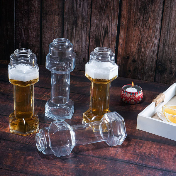 The Wine Savant Set of 4, Dumbbell Beer & Whiskey Glasses, Giant Lifting Beers 26oz Glass | Large Weightlifting to Scale Funny Beer Mug | For Men & Women Cool Beer Glasses Perfect, Gifts for Dad