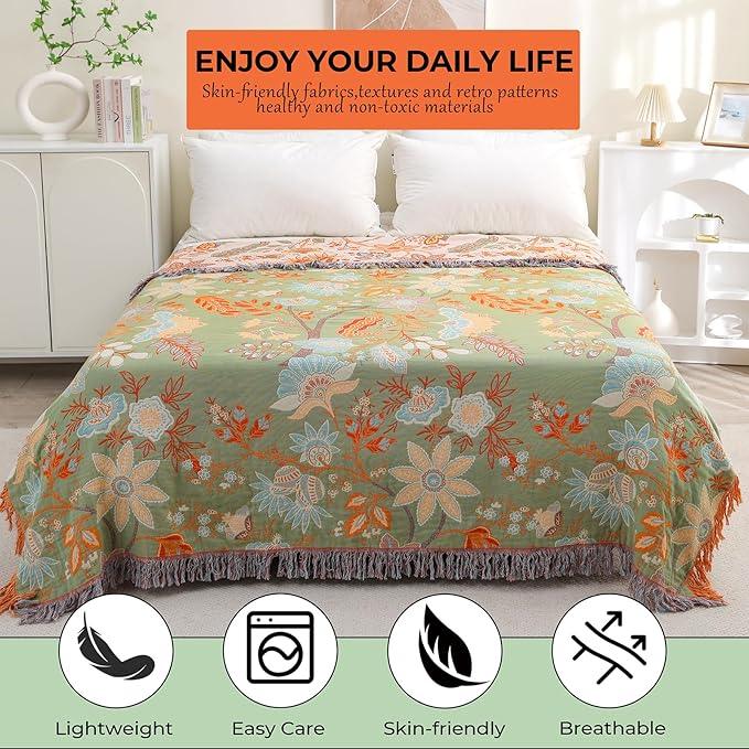 Boho Fall Throw Blanket for Bed，100% Ultra Cotton Soft Breathable Bed Throw Floral Printed Farmhouse Decor Rustic Bed Throws for Couch Sofa Quilt 60