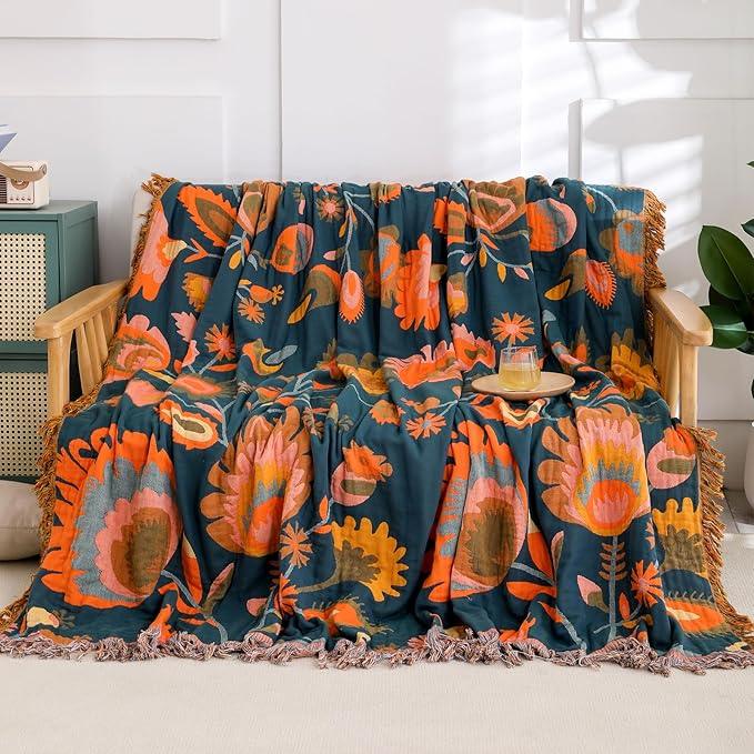 Snycler Boho Throw Blanket for Bed, 100% Organic Cotton Muslin Soft Throw-Orange Boho Floral Farmhouse Rustic Spring Summer Fall Decor Blanket for Couch Sofa Quilt and Gift, 80
