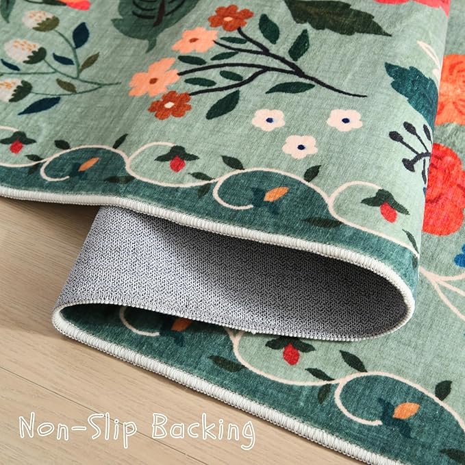 Area Rug 4x6 Rug Washable Boho Rugs Non Slip Low Pile Floral Small Carpet for Bedroom, Bedside, Kids Room, Office, Dining Room(Green)