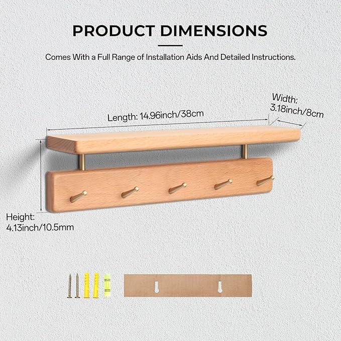 Shelf with Hooks, Solid Wood Bedroom Shelves for Wall, Wooden Coat Rack Wall Mount for Bathroom, Kitchen, Door Entryway (Beech, 38cm/14.96inch)