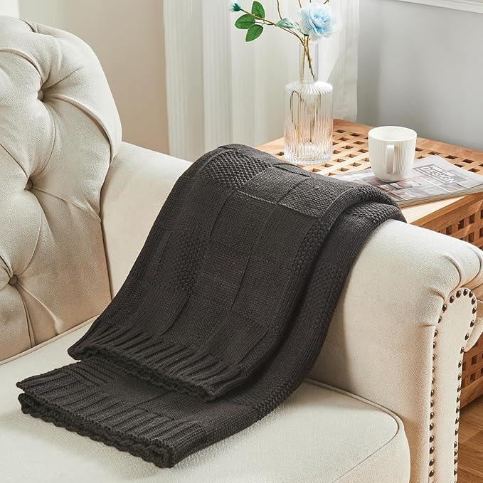 CozeCube Check Knit Throw Blanket, Jet Black Checkered Throw for Couch, Decorative Christmas Soft Cozy Warm Knitted Blanket for Bed Sofa Living Room, 60