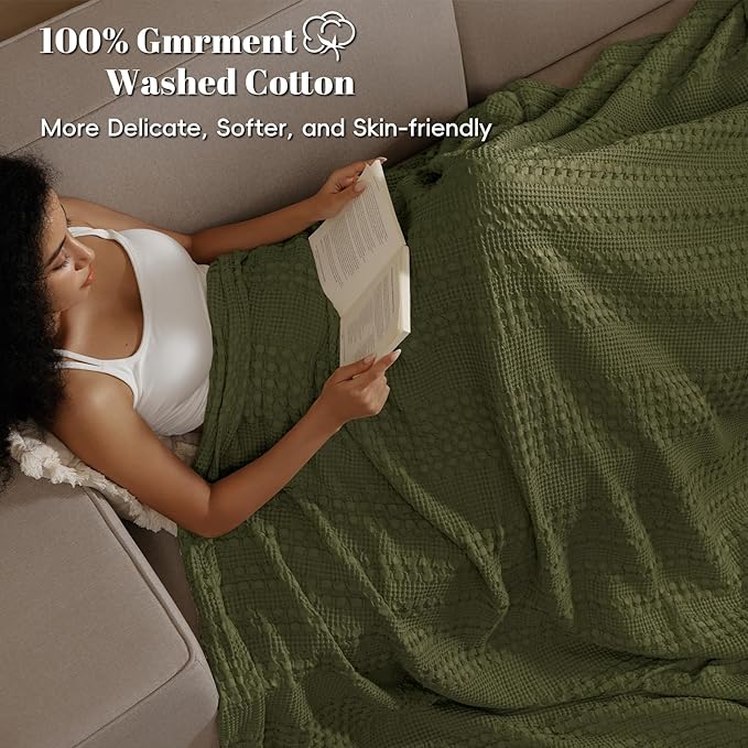 PHF 100% Cotton Waffle Weave Blanket Twin Size, Soft Lightweight Breathable Cozy Summer Blankets for Bed, Luxury Aesthetic Woven Bedding for Home Decor, 66