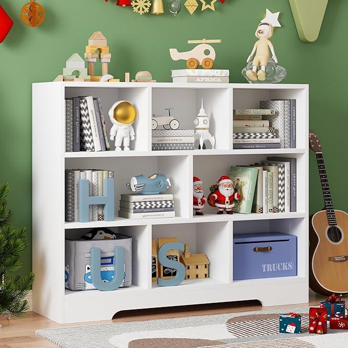 Book Shelf, 8 Cubes Storage Organizer, 3-Tier Open Shelf Wooden Bookcase, Freestanding White Bookshelf Cube Shelf for Bedroom, Living Room, Home Office