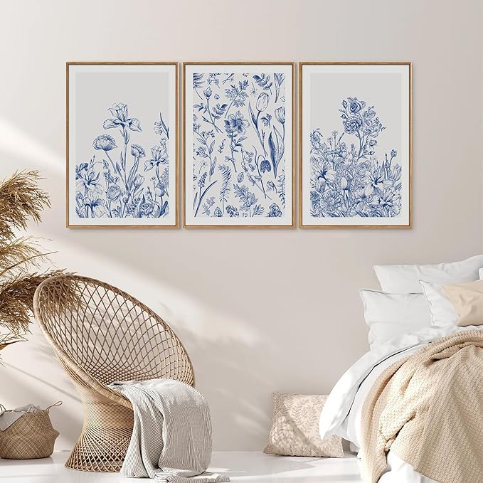 SIGNINART Classic Chinoiserie Framed Canvas Wall Art Set, Blue and White Floral Art Painting, Minimalist Botanical Flower Artwork, Navy Blue Wall Decor for Bedroom, Living Room, Office 16