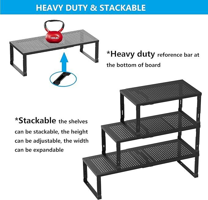 Expandable Spice Rack,Stackable Storage for Cabinet, Multi-Functional Kitchen Shelving,Height-Adjustable,Sustainable Organizer Solution(1Pack/Black/Large)