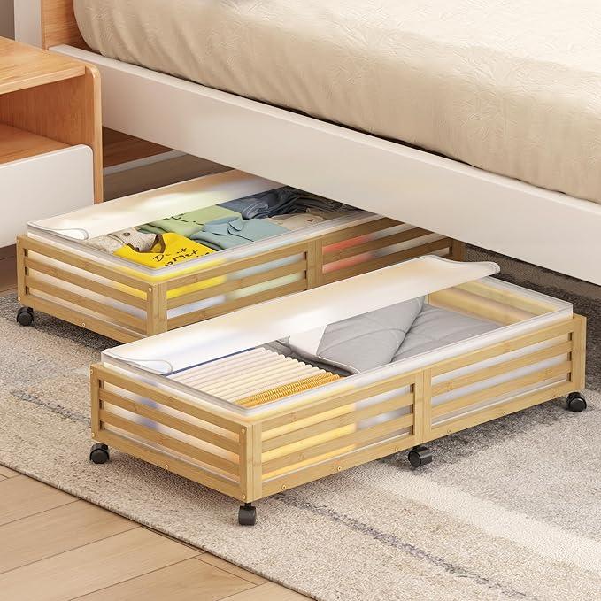 Under Bed Storage with Wheels-Large Bamboo Underbed storage Containers with Large Dust Bag Stackable Under the Bed Shoe Storage Bins for Clothes Books Bedding (2 Packs Nature, 33.07