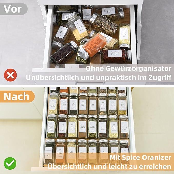Spice Drawer Organzier,4 Tiers Bamboo Spice Rack Tray Insert for Cabinet Drawer Countertop, Kitchen Seasoning Storage Drawer Organization,14.57