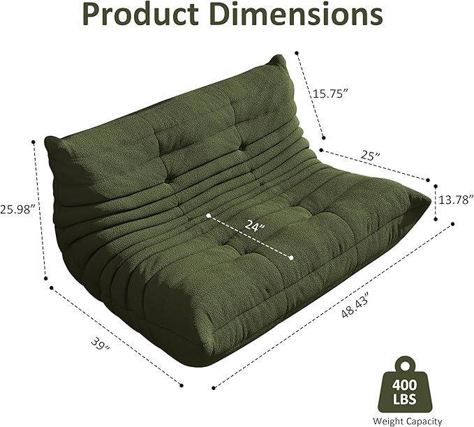 Bean Bag Chair, Oversized Loveseat Fireside Chair for Adults, 2 Seater with Memory Foam Filled, Lazy Sofa Lounge Floor Sofa for Living Room, Bedroom, Office, No Assembly Required. (Green)