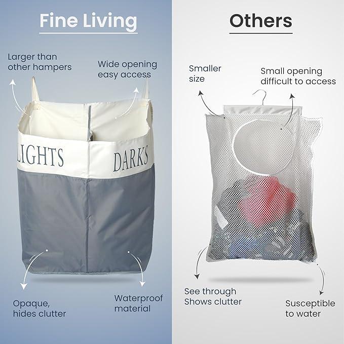 The Fine Living Co. X-Large Two Compartments Hanging Laundry Hamper with Over Door Hooks, Durable Space Saving Laundry Bag Storage with Bottom Zipper, Wide Open Top Dark/Light Compartment(25