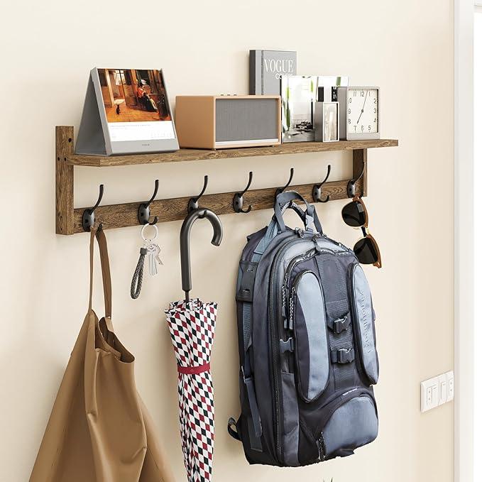 BAMEOS Coat Rack Wall Mount, Large Wooden Coat Hooks with Shelf, 35