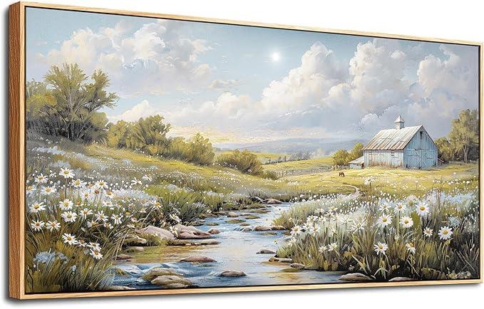 PHAOHUAXM Wall Art For Living Room Large Canvas Wall Decor For Bedroom Flower Watercolour Painting Office Decoration Countryside Scenery Mural Artwork Ready To Hang Home Decor 24x48 In Wood Framed