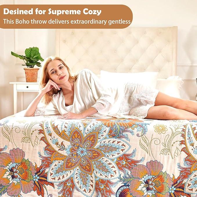 Boho Throw Blanket, 100% Organic Cotton Breathable Ultra Soft Bed Quilt Throw - All Season Floral Bird Butterfly Farmhouse Decor Blanket for Sofa Couch Chair and Gift. 50