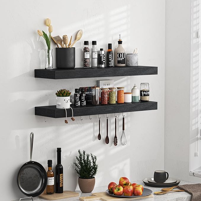 Floating Shelves - 2 Pack 9 Inch Rustic Wooden Wall Shelves - Extra Deeper & Thicker Wall Mounted Storage Shelf for Living Room, Kitchen, Farmhouse - 24
