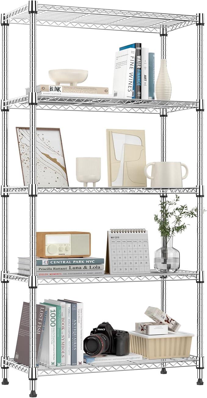 1250 lbs 5 Tier Shelf Metal Storage Shelves Shelving Wire Rack Heavy Duty Closet Organizers for Garage Kitchen Bathroom Laundry Chrome 13.8